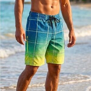 Zeroxposur Men’s Ombré Plaid Board Shorts Blue Yellow Green Size L/XL